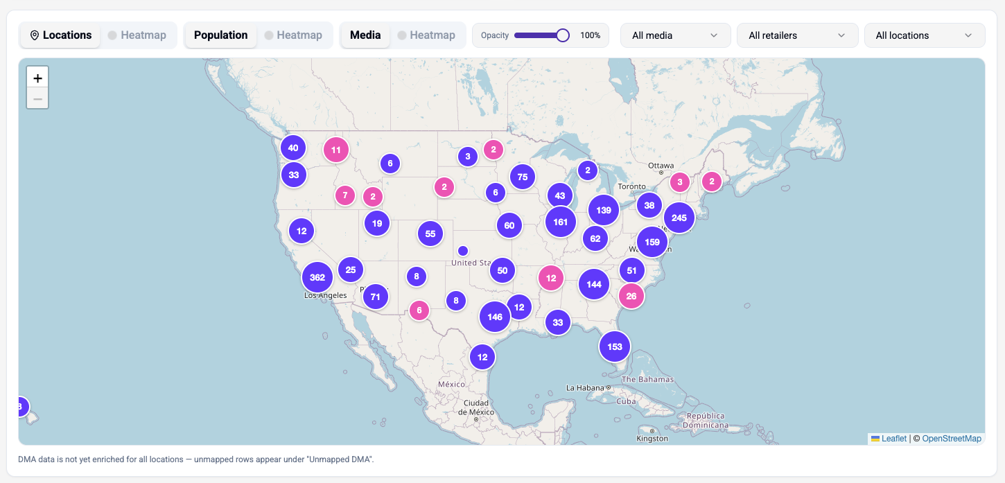 US map with store location markers sized by media spend coverage per retail market