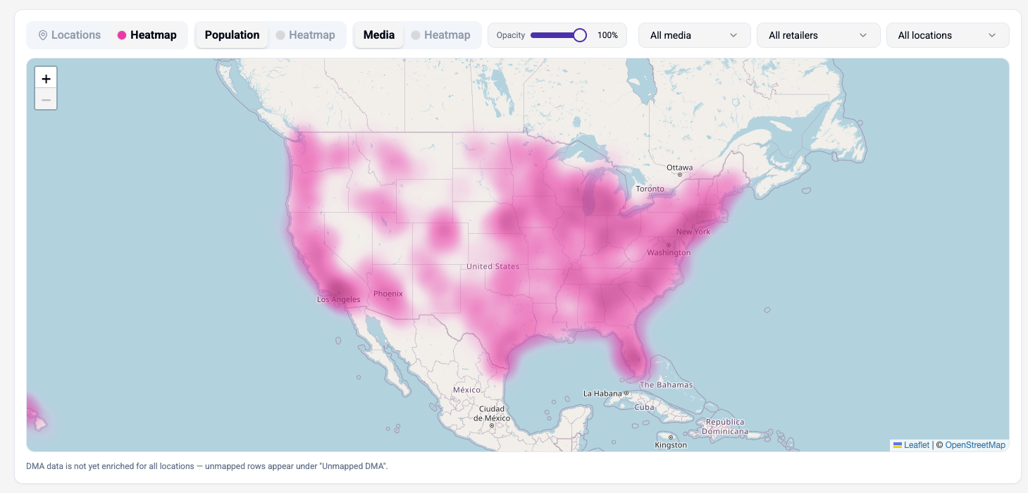 US map heatmap showing shopper population density by trade area