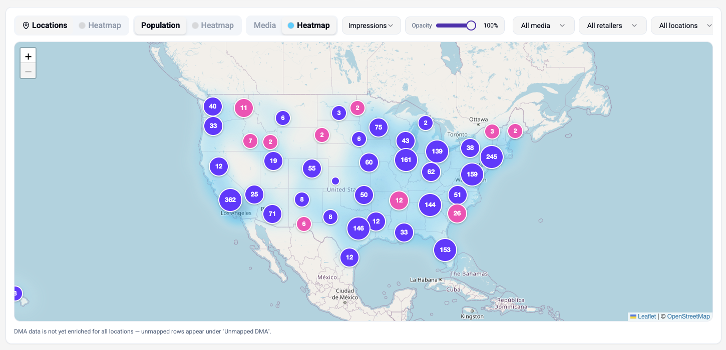 US map showing media impressions mapped against store locations by market